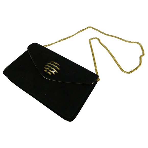 Vtg Costablanca Black Suede Envelope Clutch Gold Chain Strap Tiger Stripe Button - Picture 1 of 14